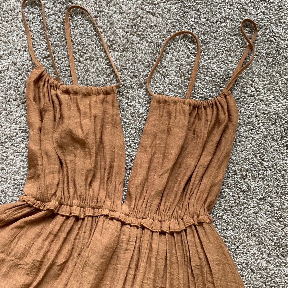 Copper Brown Open Back Strappy Boho Babydoll Tiered Ruffle Hem Boho dress sz S - Picture 4 of 10
